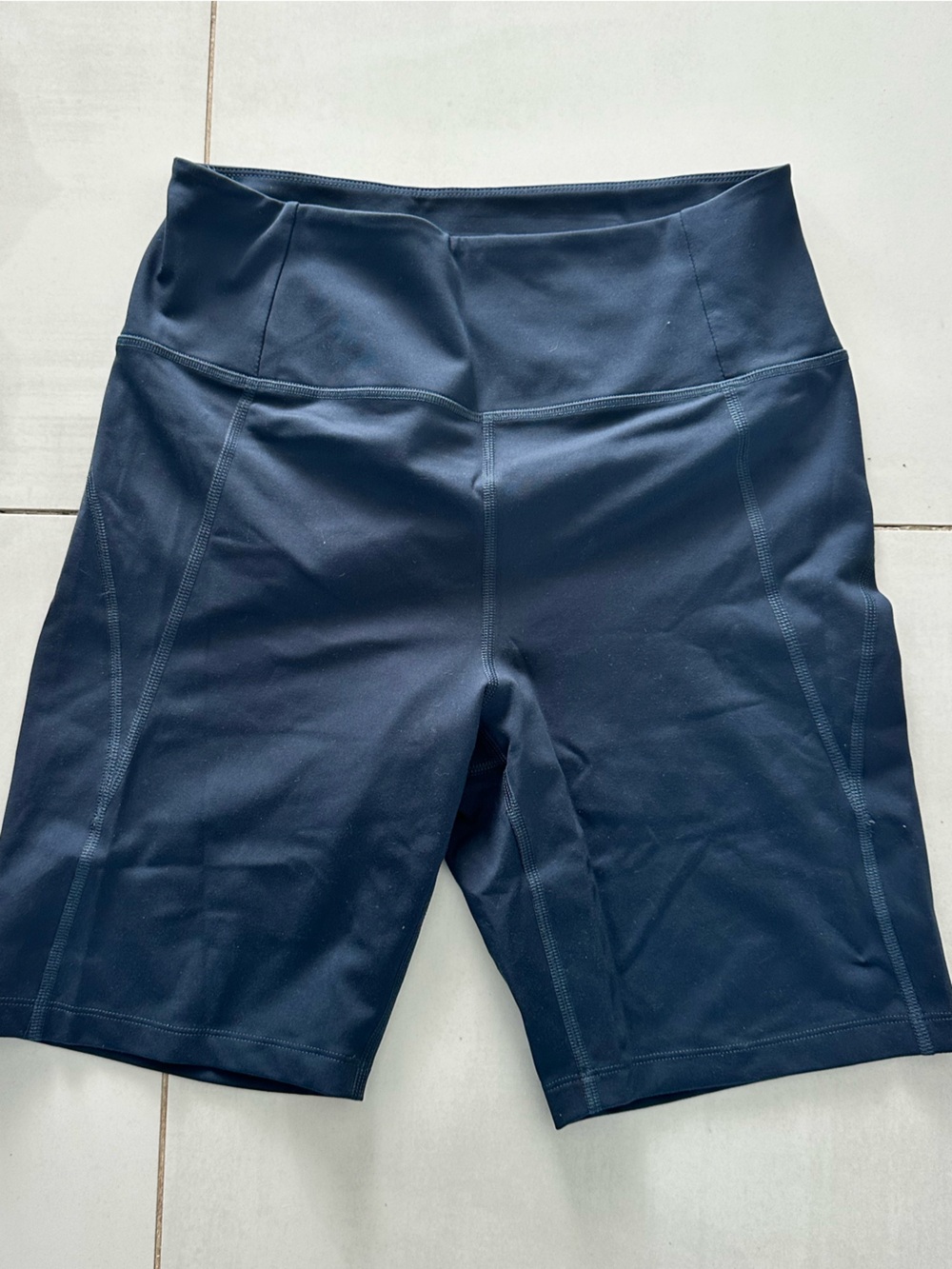 girlfriend collective navy high-waist athletic shorts